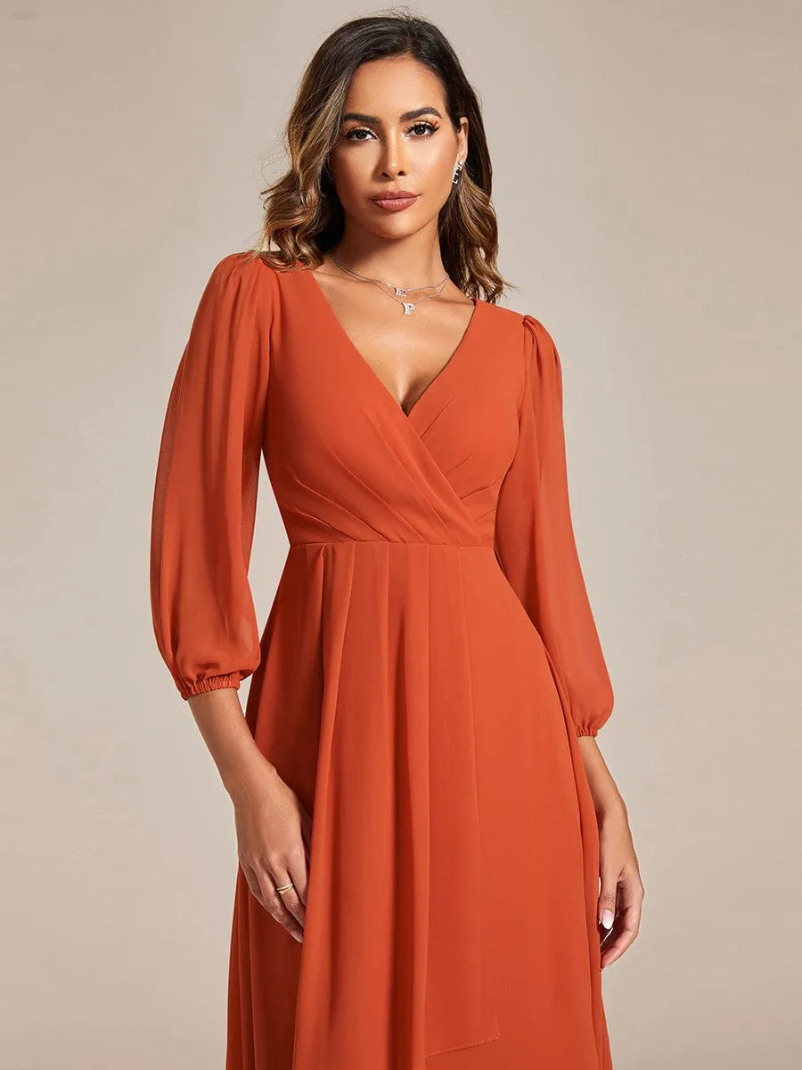 Long Sleeves Asymmetrical Hem A-Line Midi Wedding Guest Dress