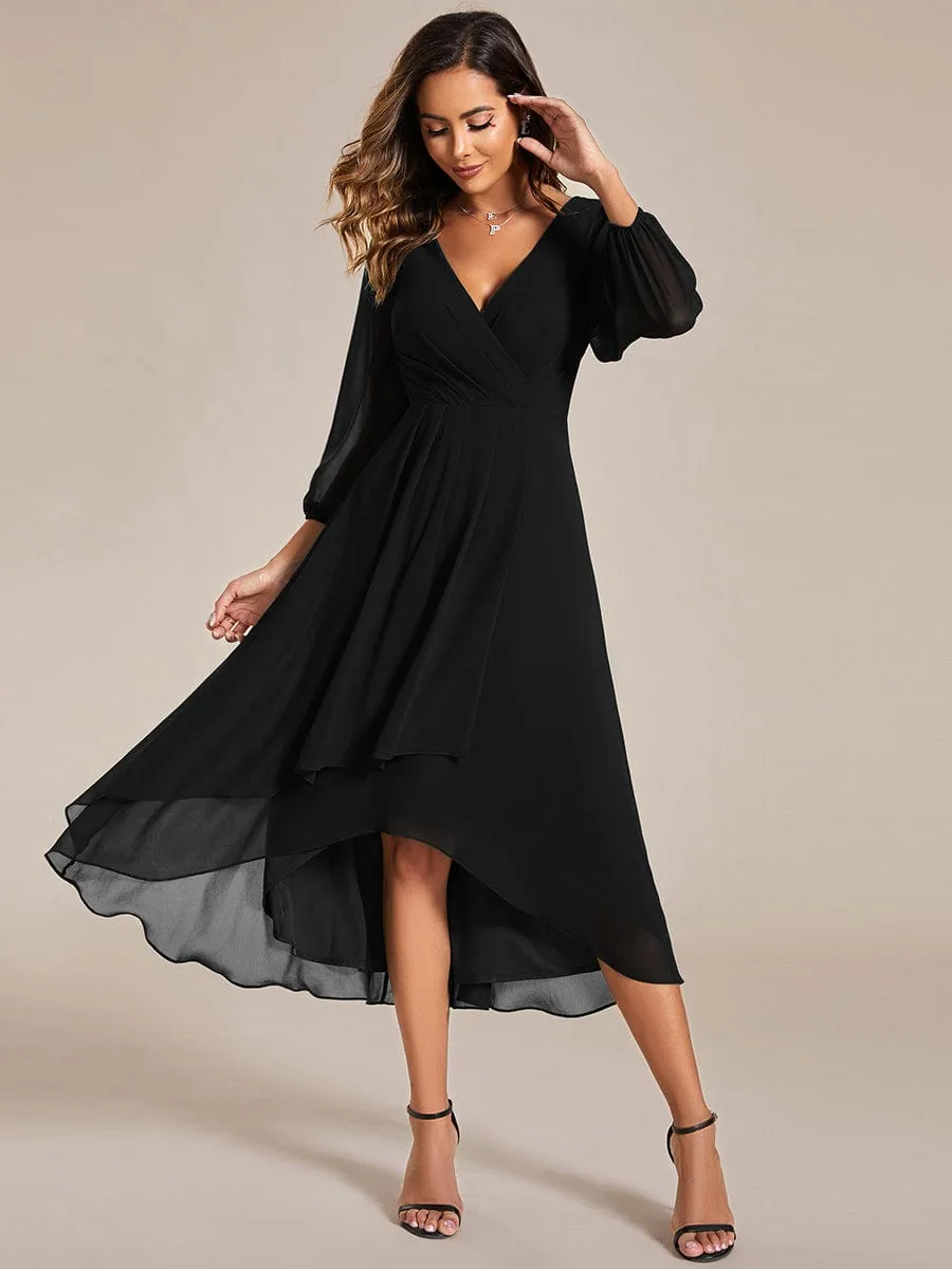 Long Sleeves Asymmetrical Hem A-Line Midi Wedding Guest Dress