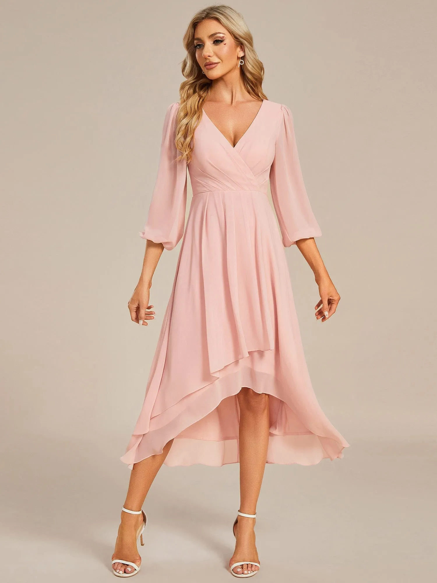 Long Sleeves Asymmetrical Hem A-Line Midi Wedding Guest Dress