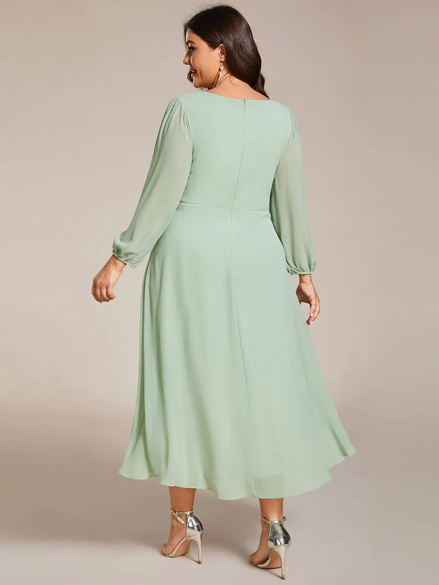 Long Sleeves Asymmetrical Hem A-Line Midi Wedding Guest Dress