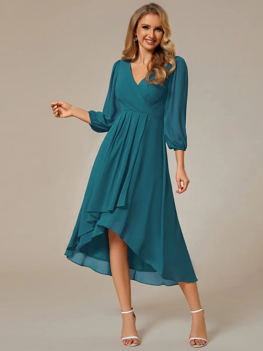 Long Sleeves Asymmetrical Hem A-Line Midi Wedding Guest Dress