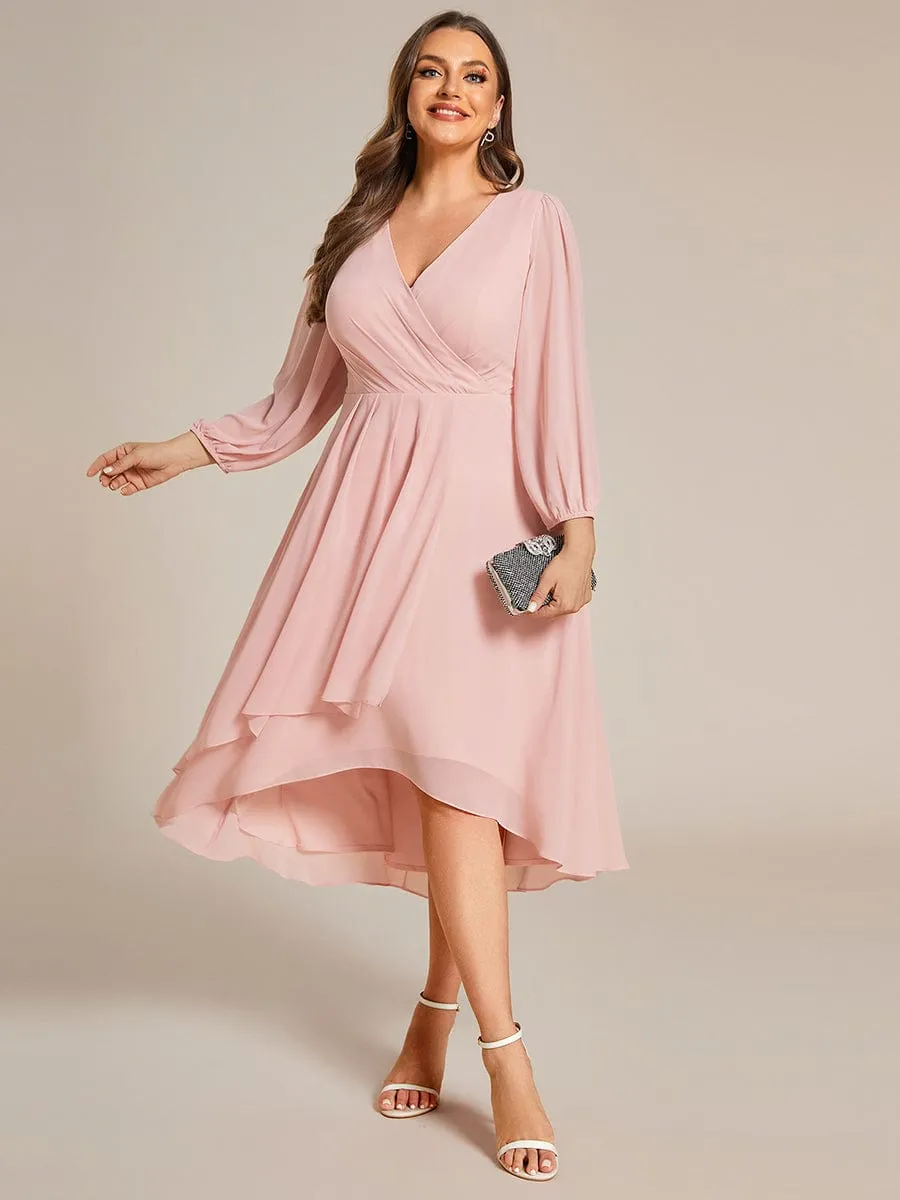 Long Sleeves Asymmetrical Hem A-Line Midi Wedding Guest Dress