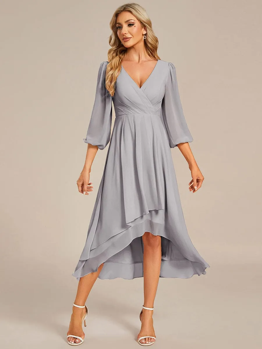 Long Sleeves Asymmetrical Hem A-Line Midi Wedding Guest Dress