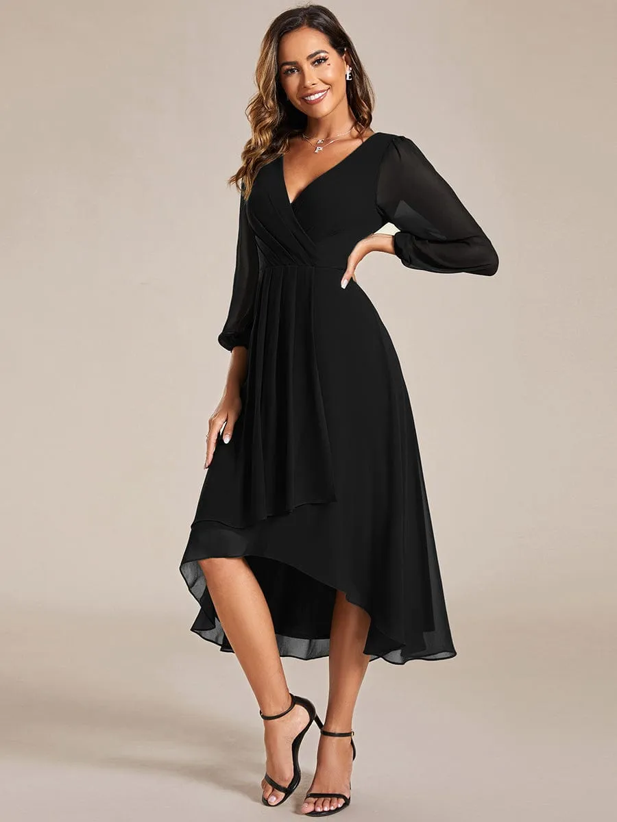 Long Sleeves Asymmetrical Hem A-Line Midi Wedding Guest Dress