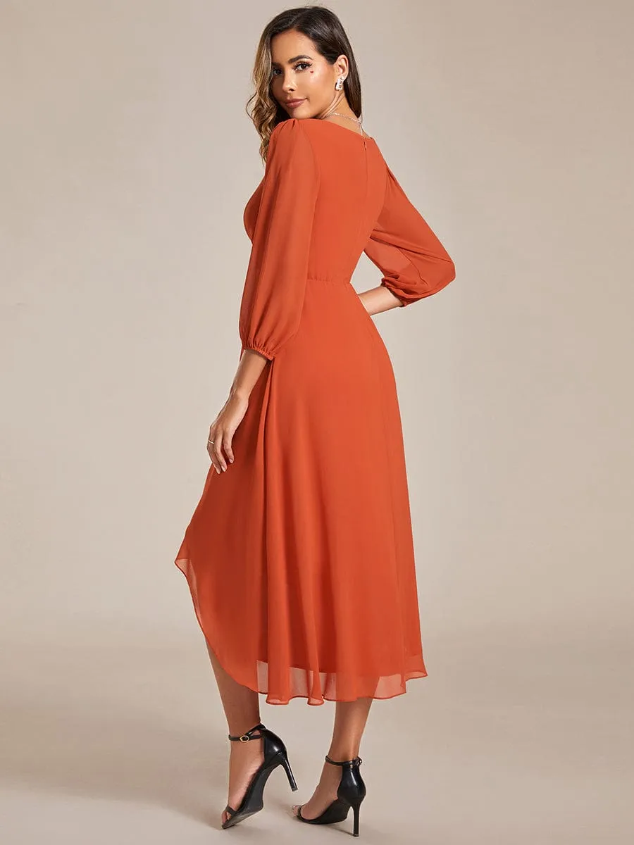 Long Sleeves Asymmetrical Hem A-Line Midi Wedding Guest Dress