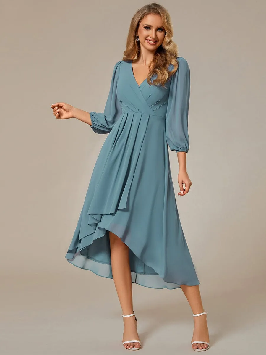 Long Sleeves Asymmetrical Hem A-Line Midi Wedding Guest Dress