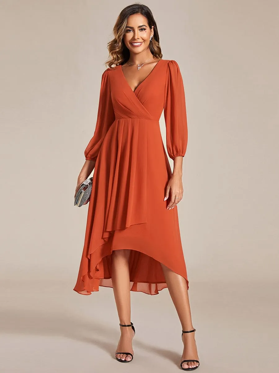 Long Sleeves Asymmetrical Hem A-Line Midi Wedding Guest Dress