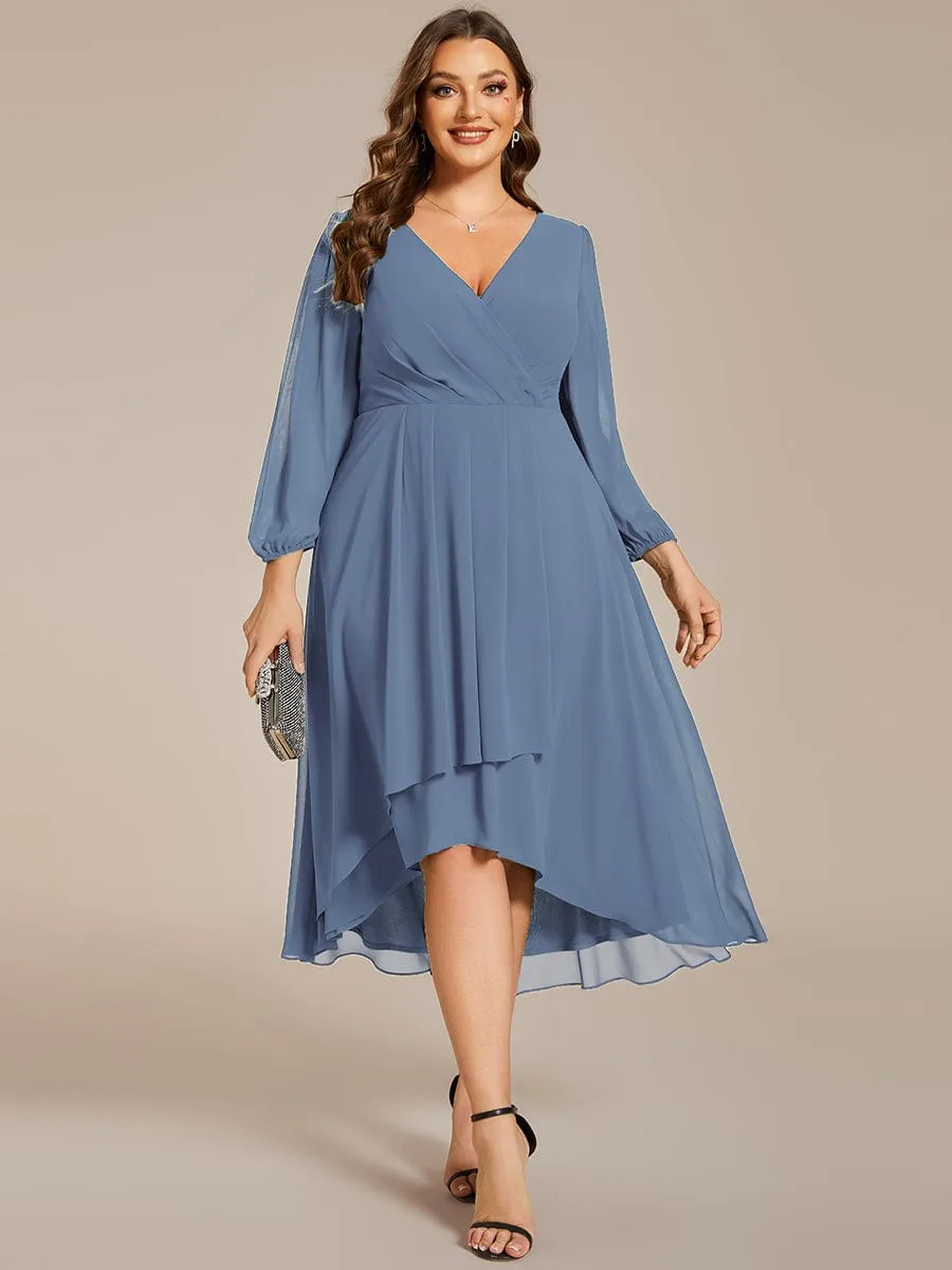 Long Sleeves Asymmetrical Hem A-Line Midi Wedding Guest Dress