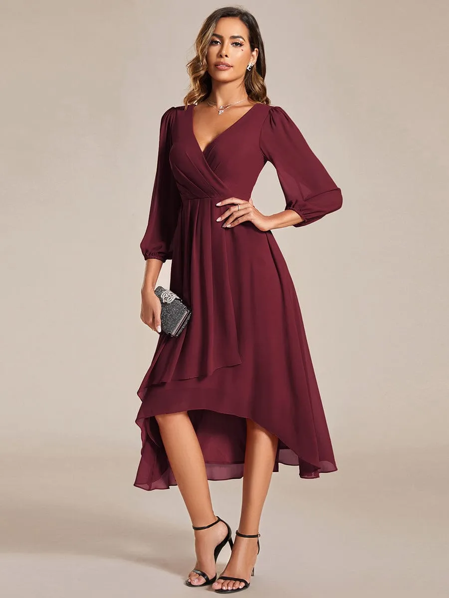 Long Sleeves Asymmetrical Hem A-Line Midi Wedding Guest Dress