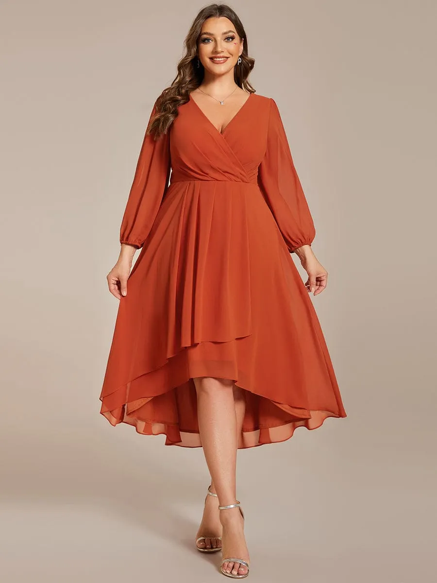 Long Sleeves Asymmetrical Hem A-Line Midi Wedding Guest Dress