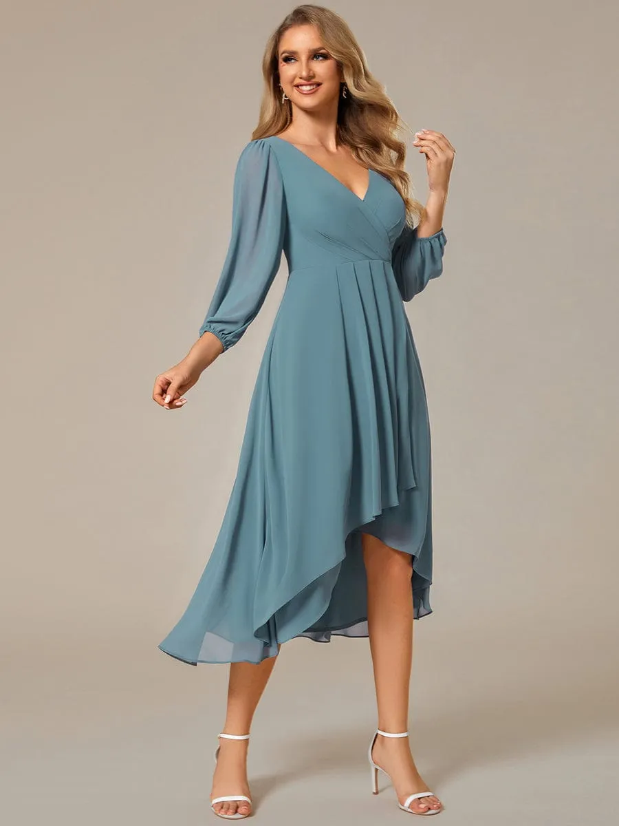 Long Sleeves Asymmetrical Hem A-Line Midi Wedding Guest Dress