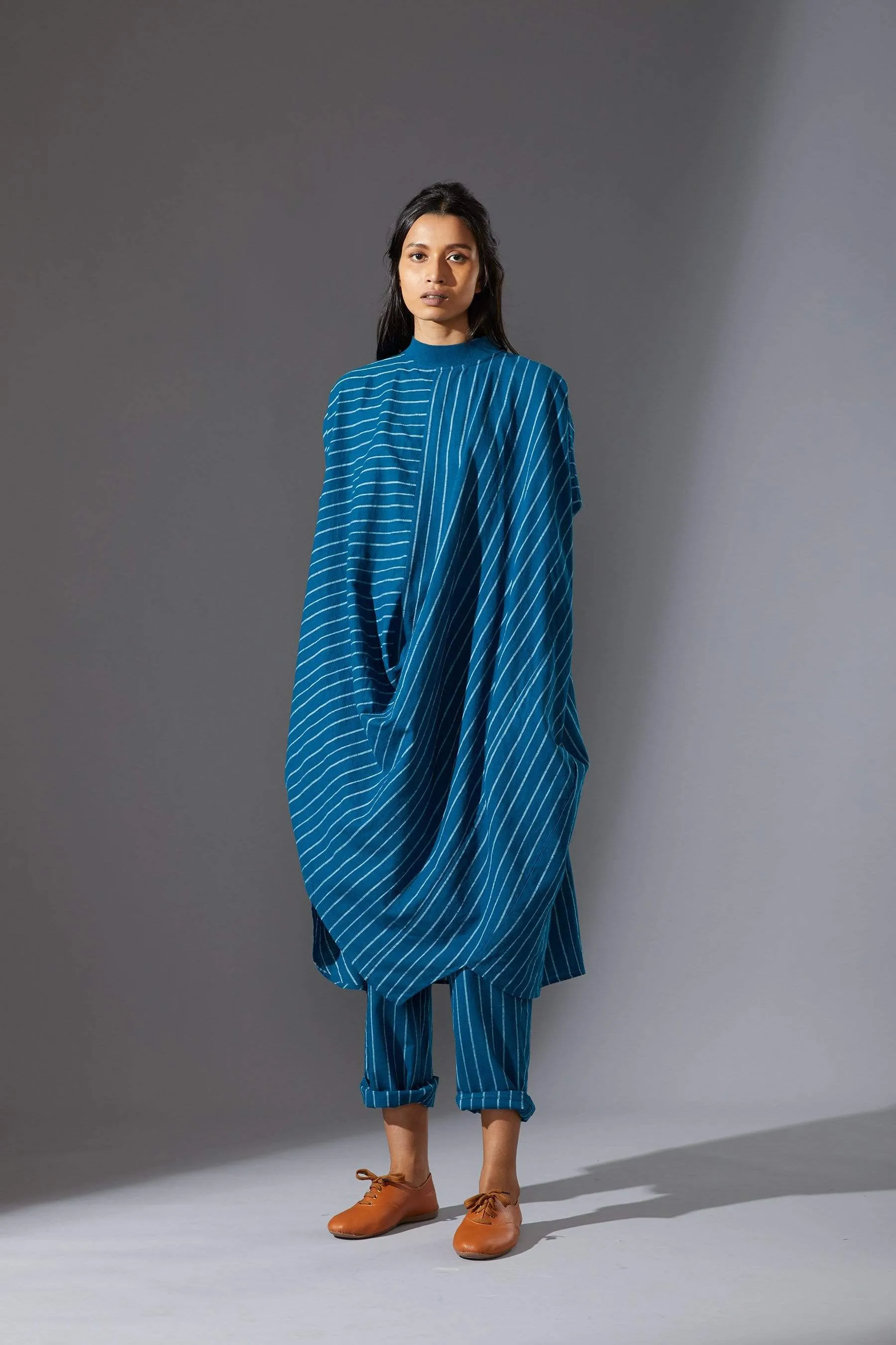 Mati Blue Cowl Tunic With Ribbed Collar