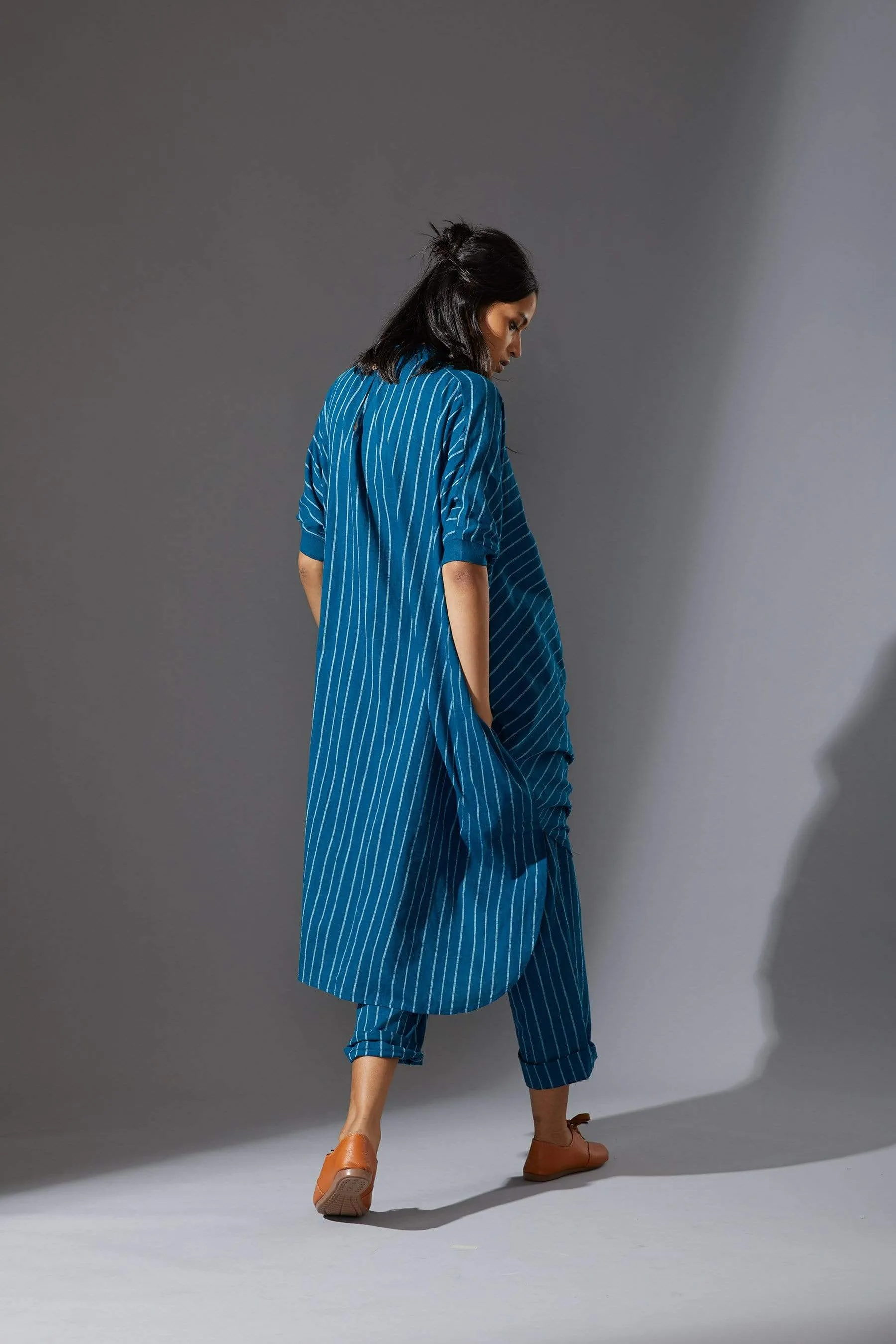 Mati Blue Cowl Tunic With Ribbed Collar