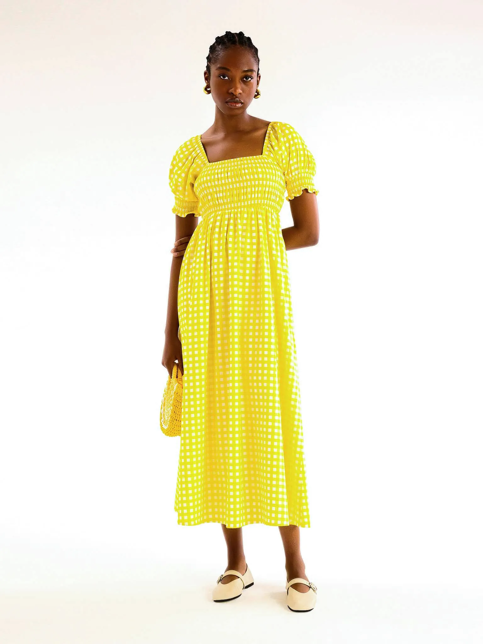 Megan Gingham Print Shirred Midi Dress in Yellow