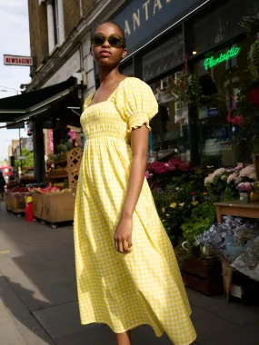 Megan Gingham Print Shirred Midi Dress in Yellow