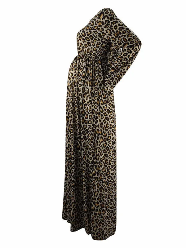 Momnfancy Leopard Print Round Neck Long Sleeve High Waisted Party Maternity Dress