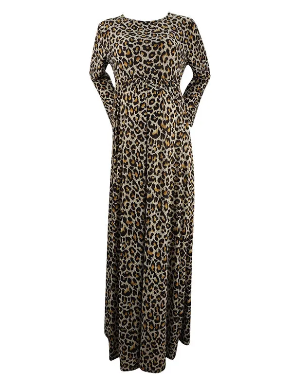 Momnfancy Leopard Print Round Neck Long Sleeve High Waisted Party Maternity Dress