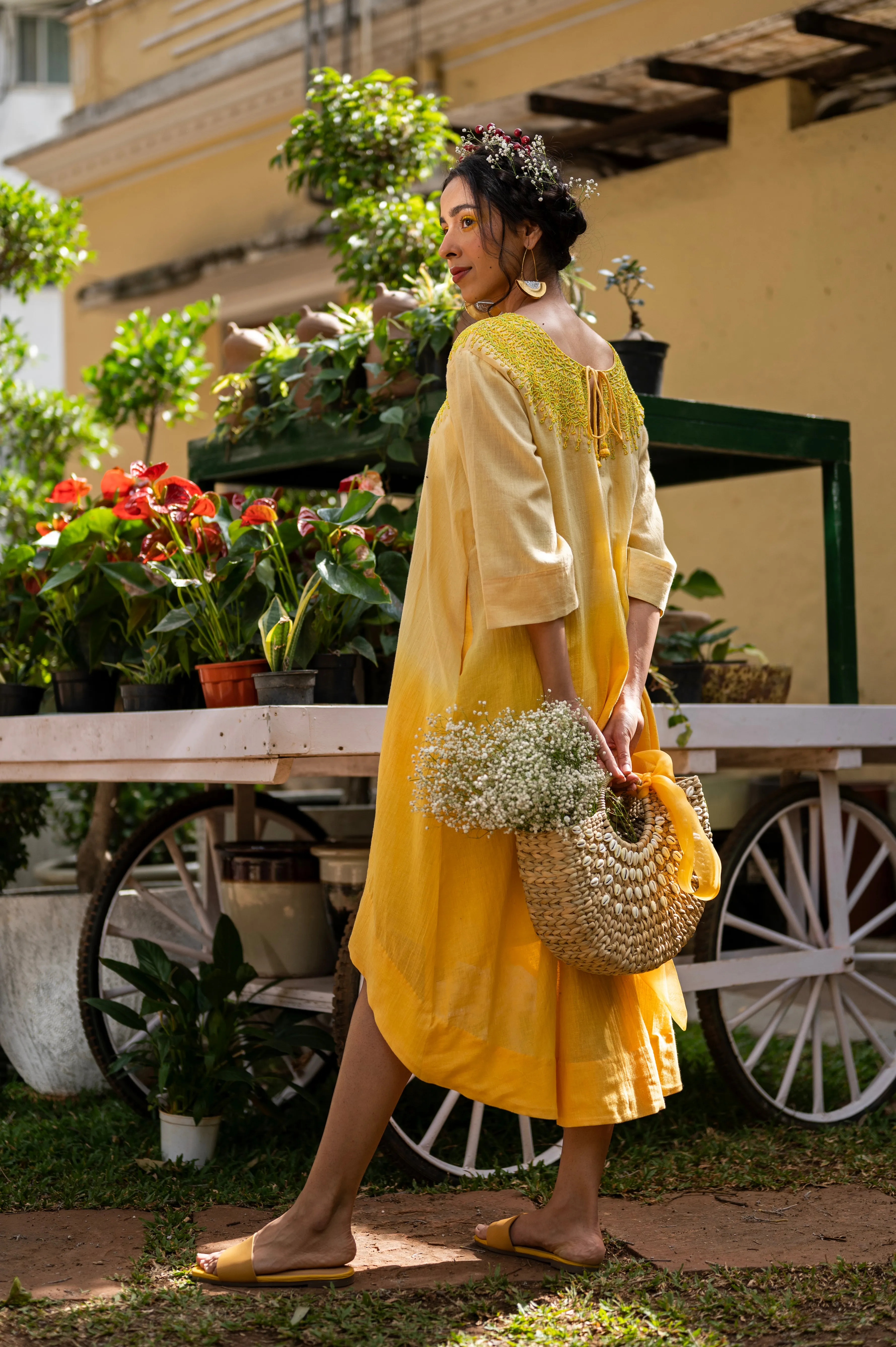 Ombre Cotton dress with hand embroidered bead work yoke style