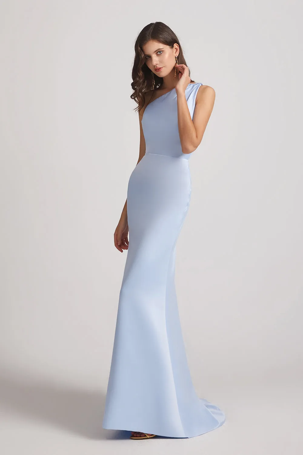 One Shoulder Satin Sheath Long Bridesmaid Dresses with Open Back (AF0166)