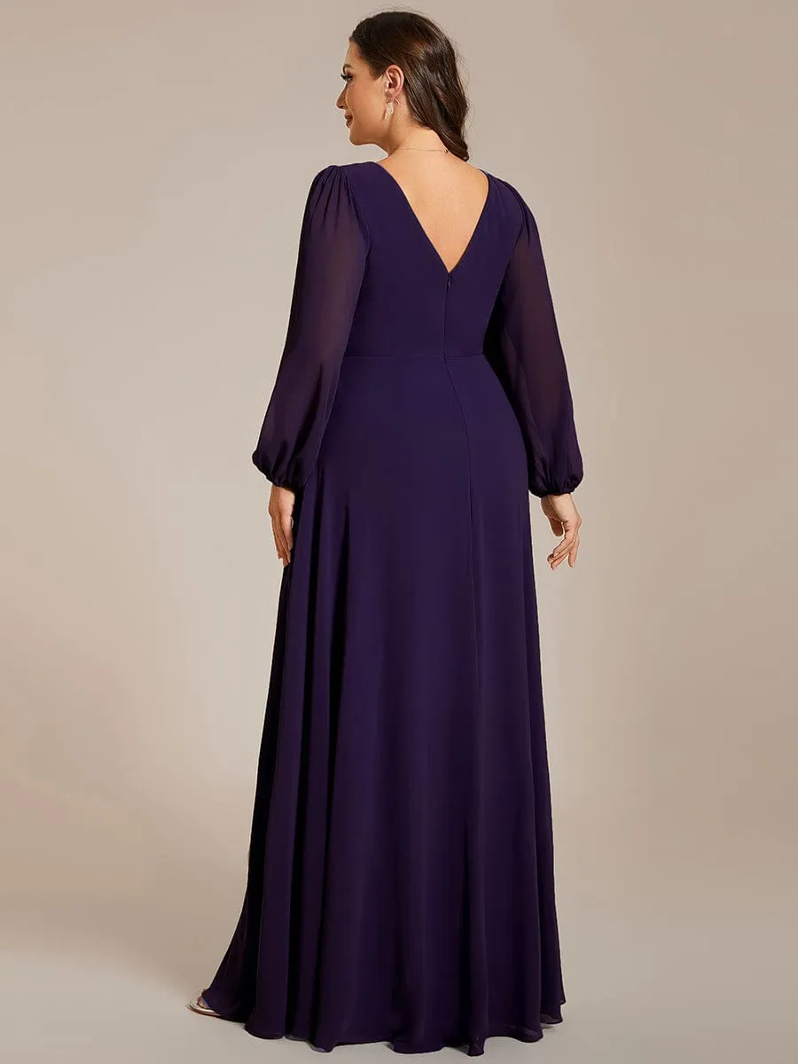 Plus Size A-Line V-Neck See-Through Long Sleeves Shiny Belt Chiffon Evening Dress