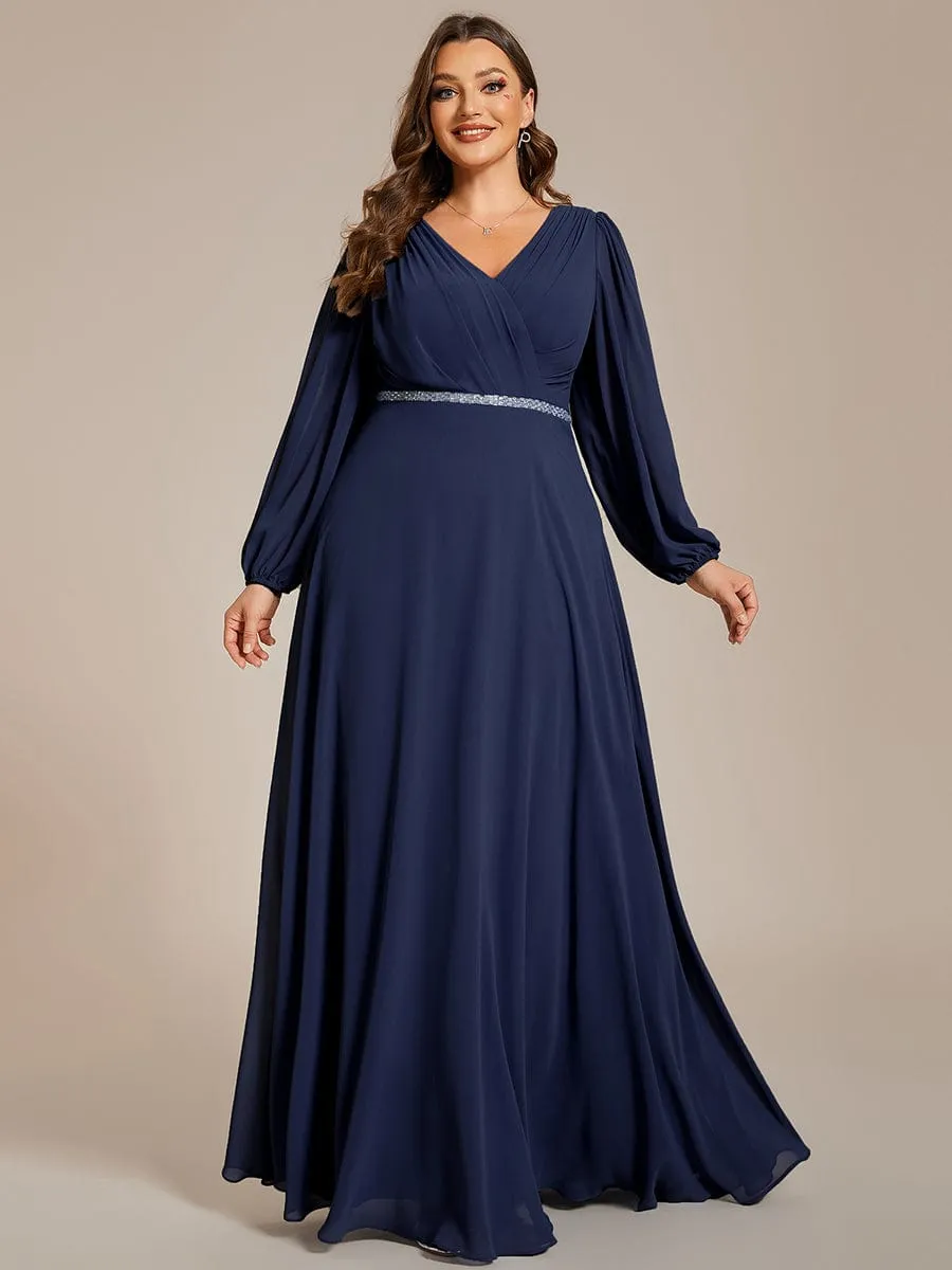 Plus Size A-Line V-Neck See-Through Long Sleeves Shiny Belt Chiffon Evening Dress