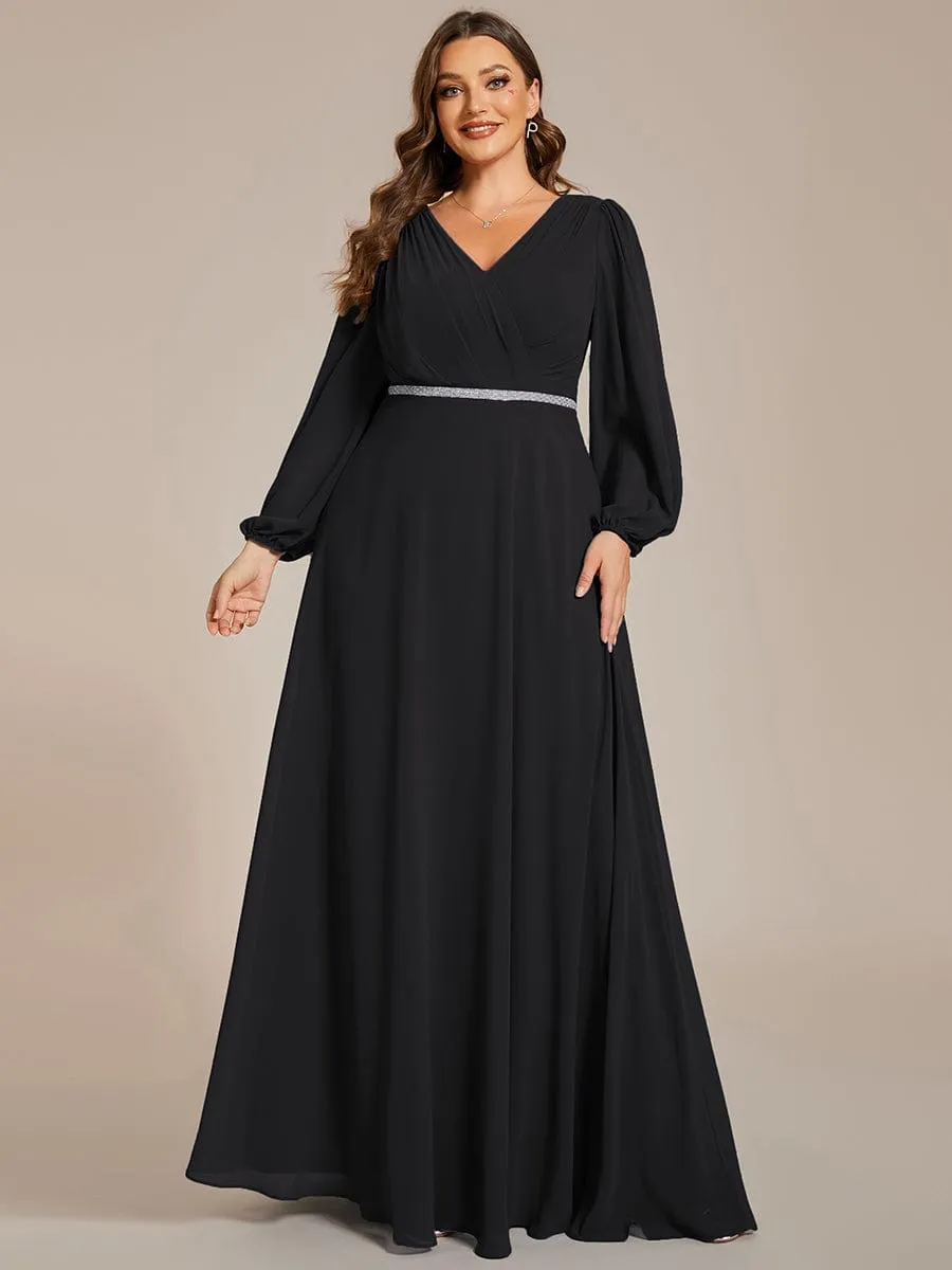 Plus Size A-Line V-Neck See-Through Long Sleeves Shiny Belt Chiffon Evening Dress