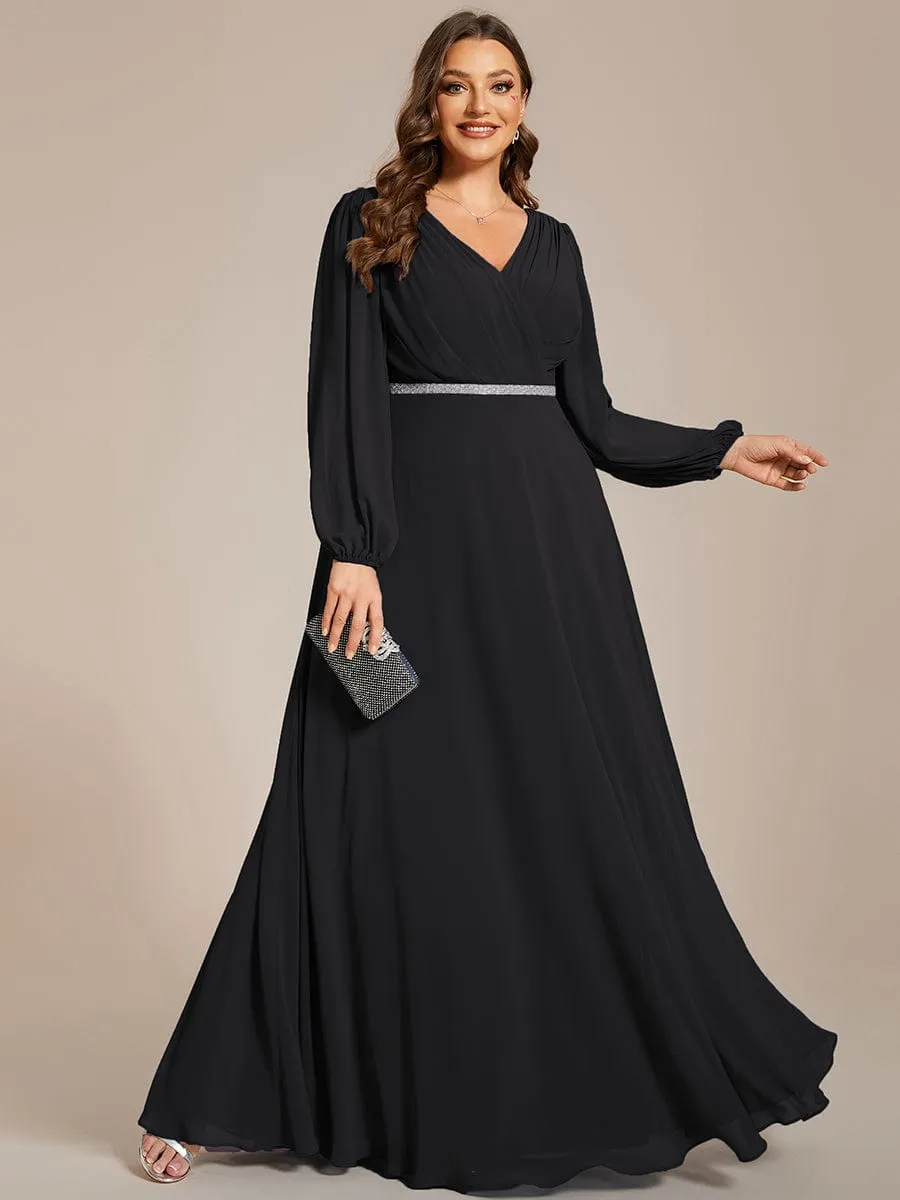 Plus Size A-Line V-Neck See-Through Long Sleeves Shiny Belt Chiffon Evening Dress