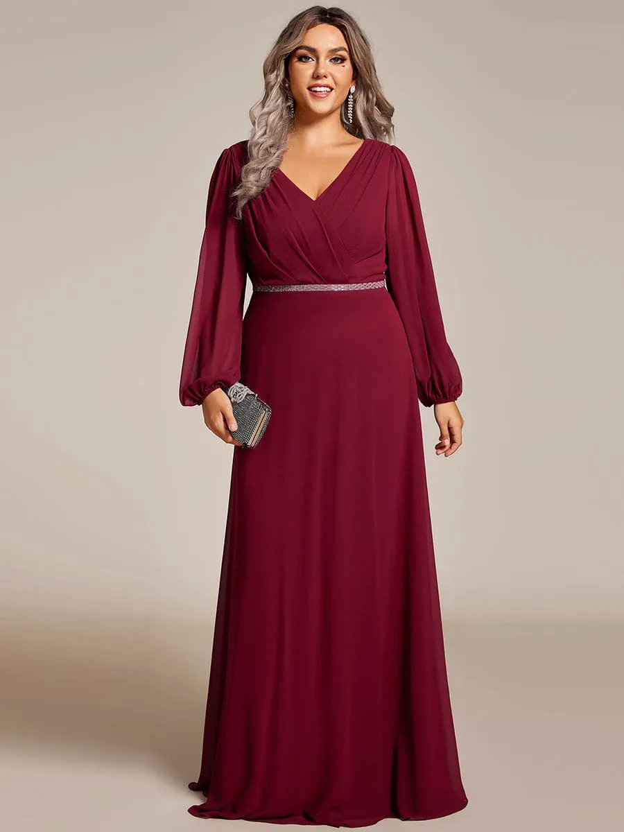 Plus Size A-Line V-Neck See-Through Long Sleeves Shiny Belt Chiffon Evening Dress