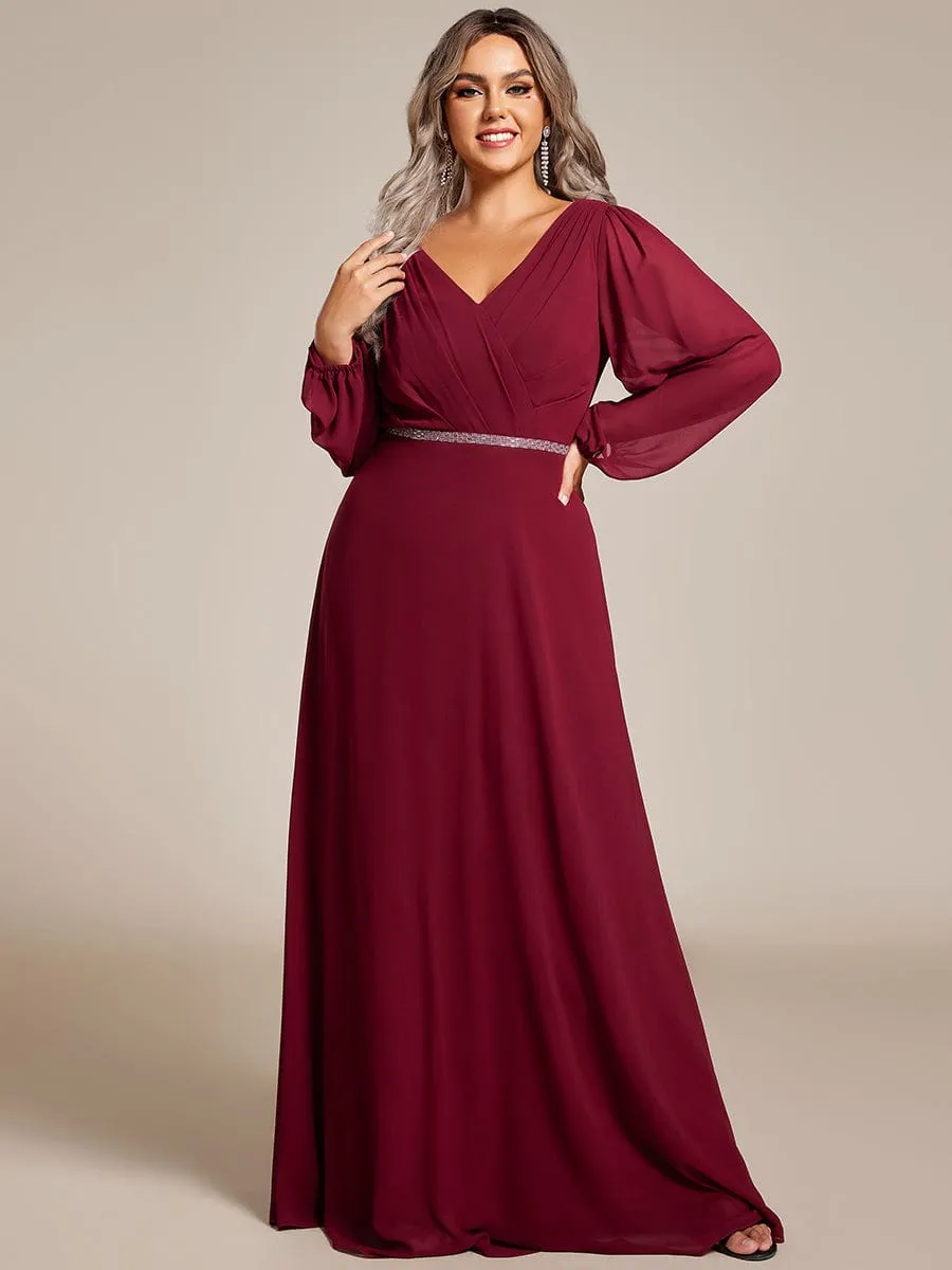 Plus Size A-Line V-Neck See-Through Long Sleeves Shiny Belt Chiffon Evening Dress