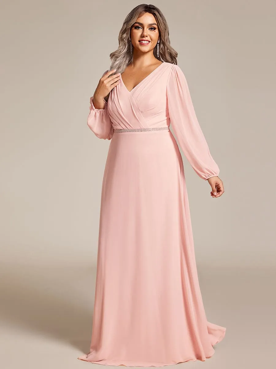 Plus Size A-Line V-Neck See-Through Long Sleeves Shiny Belt Chiffon Evening Dress