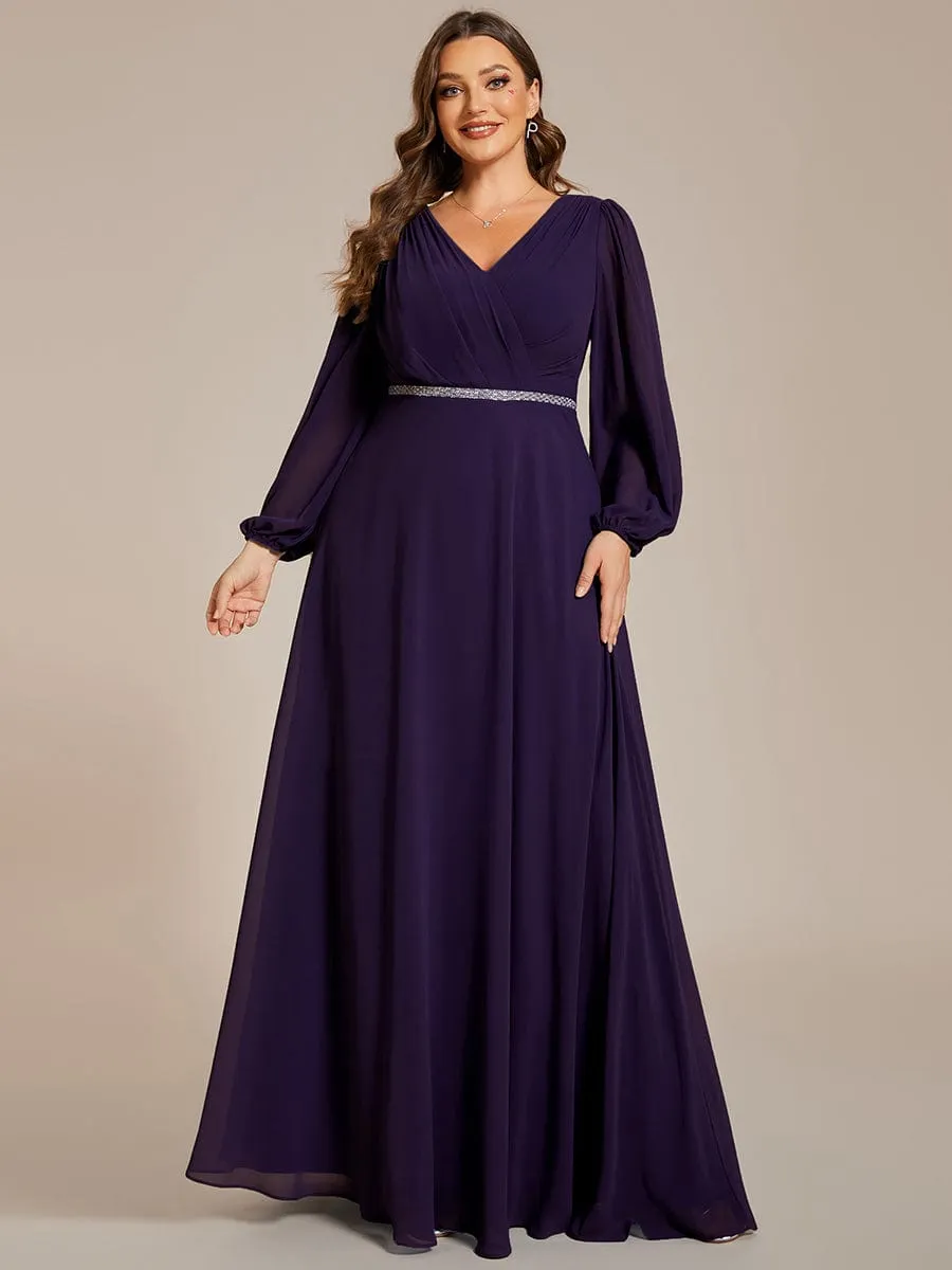 Plus Size A-Line V-Neck See-Through Long Sleeves Shiny Belt Chiffon Evening Dress