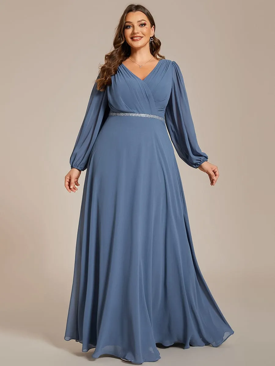 Plus Size A-Line V-Neck See-Through Long Sleeves Shiny Belt Chiffon Evening Dress