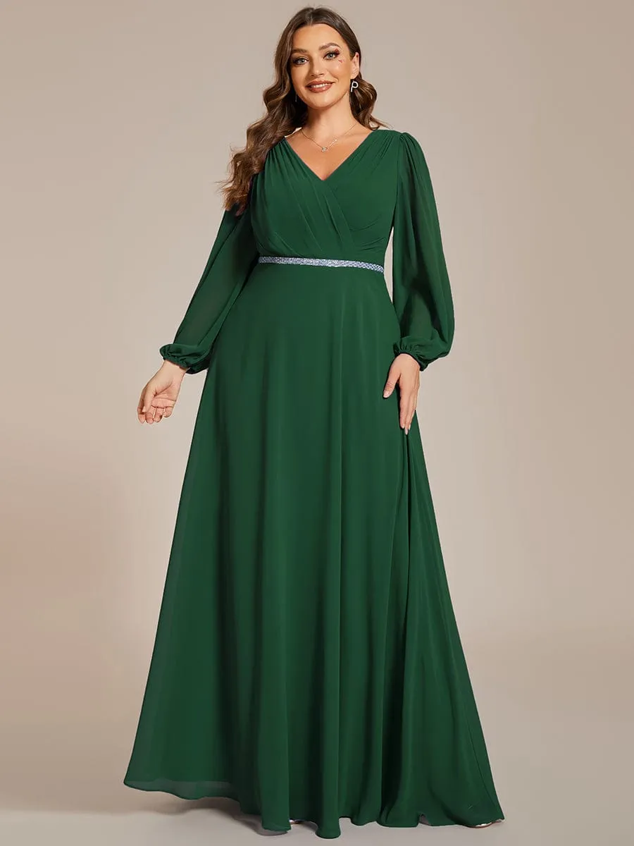 Plus Size A-Line V-Neck See-Through Long Sleeves Shiny Belt Chiffon Evening Dress