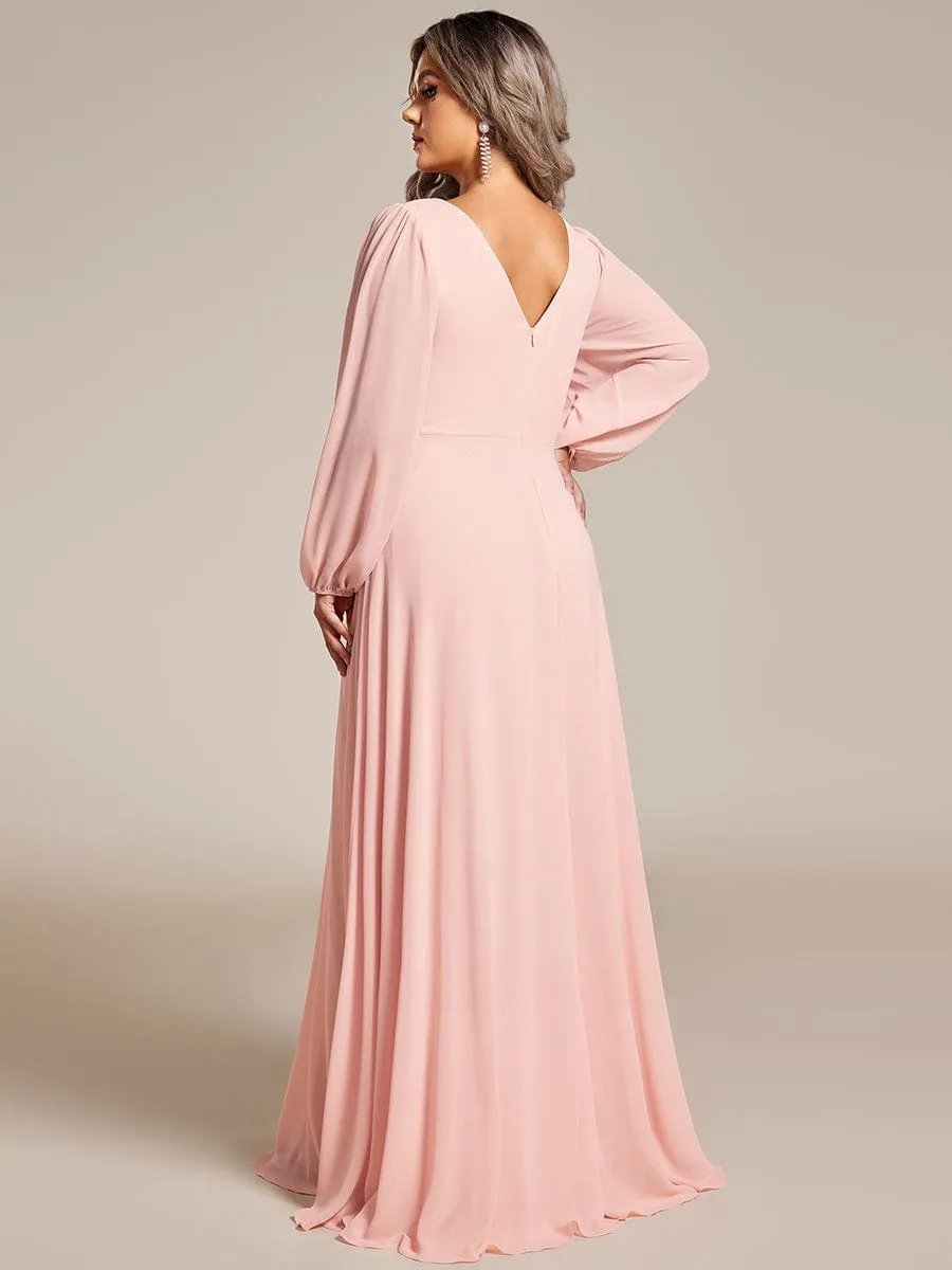 Plus Size A-Line V-Neck See-Through Long Sleeves Shiny Belt Chiffon Evening Dress