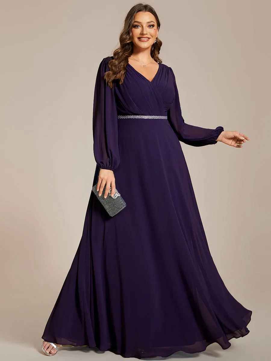 Plus Size A-Line V-Neck See-Through Long Sleeves Shiny Belt Chiffon Evening Dress