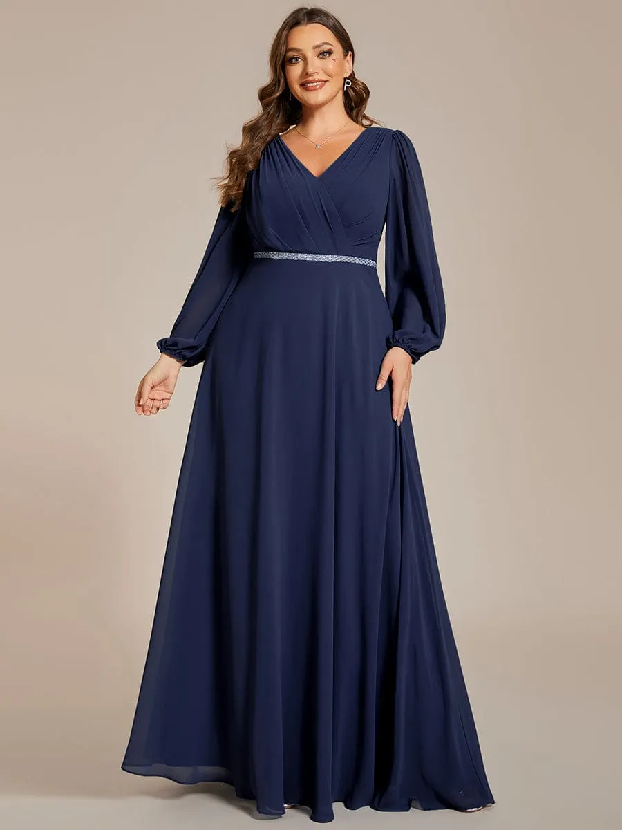 Plus Size A-Line V-Neck See-Through Long Sleeves Shiny Belt Chiffon Evening Dress