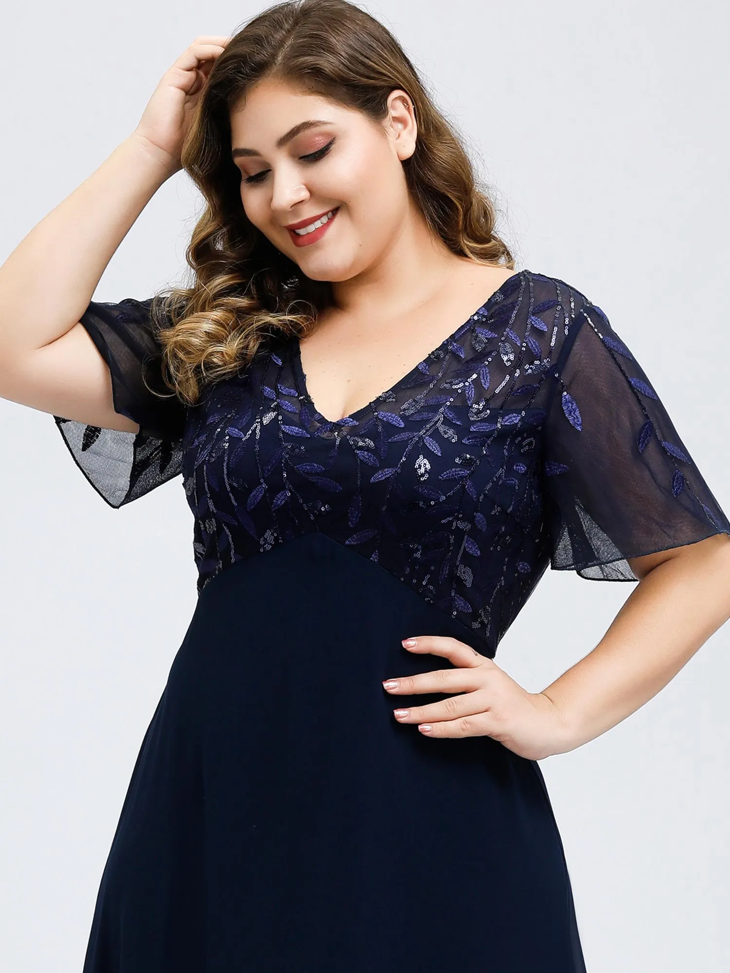 Plus Size Floral Sequin Wholesale Evening Dresses With Cap Sleeve