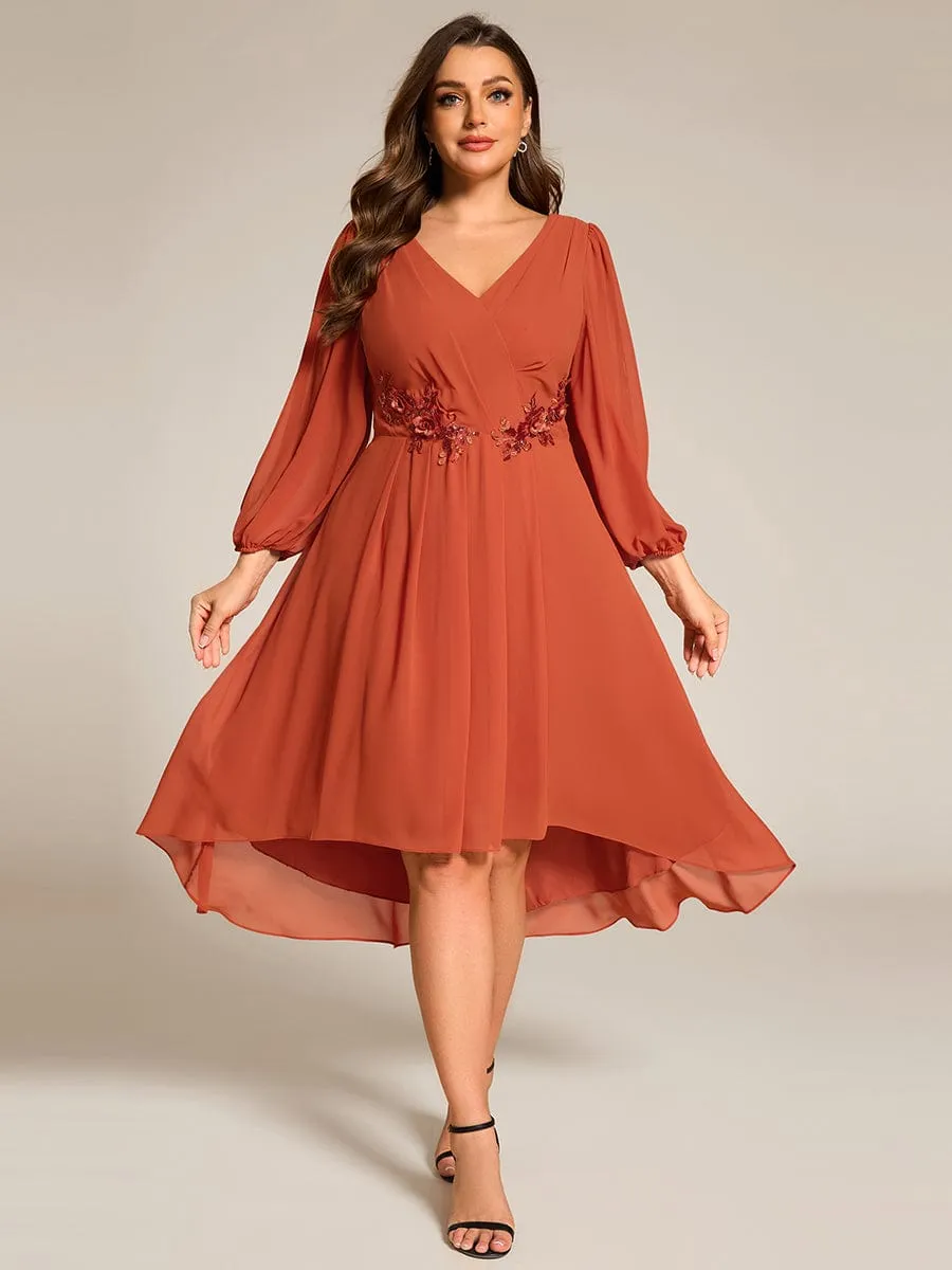 Plus Size Flowy Long Sleeves V-Neck Waist Applique Midi Chiffon Wedding Guest Dress