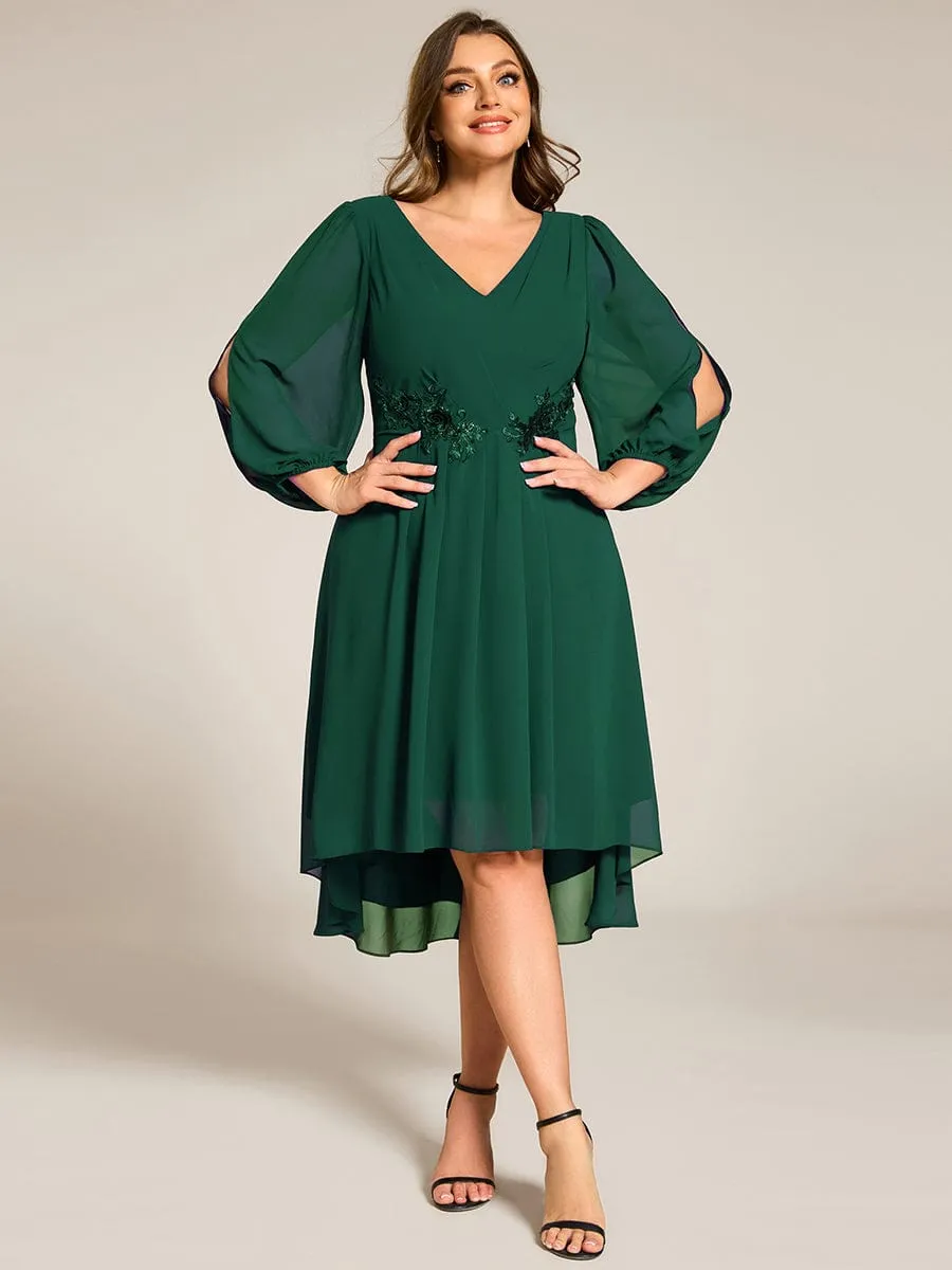 Plus Size Flowy Long Sleeves V-Neck Waist Applique Midi Chiffon Wedding Guest Dress