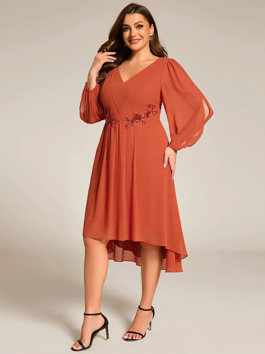 Plus Size Flowy Long Sleeves V-Neck Waist Applique Midi Chiffon Wedding Guest Dress