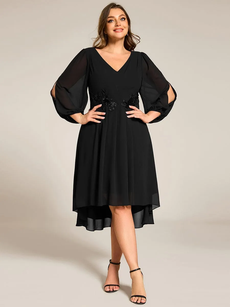 Plus Size Flowy Long Sleeves V-Neck Waist Applique Midi Chiffon Wedding Guest Dress