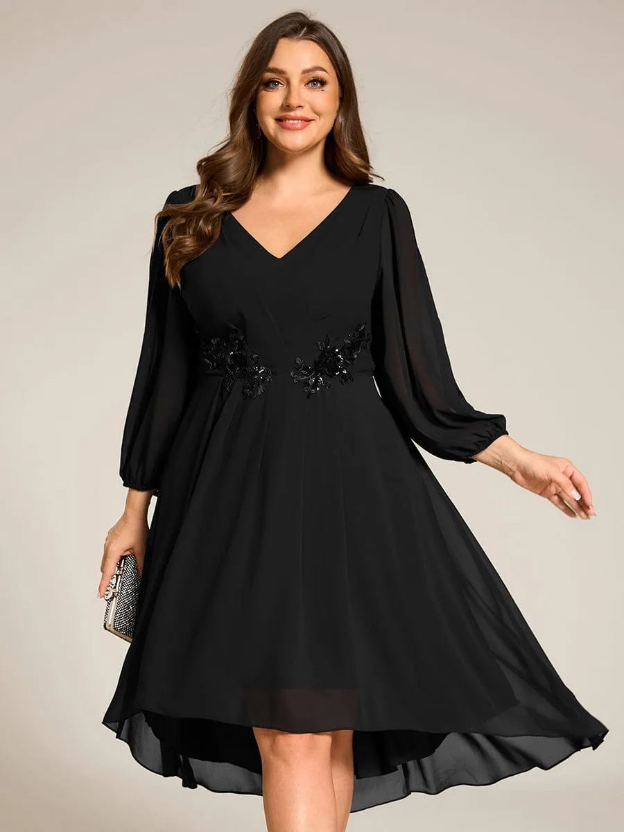 Plus Size Flowy Long Sleeves V-Neck Waist Applique Midi Chiffon Wedding Guest Dress