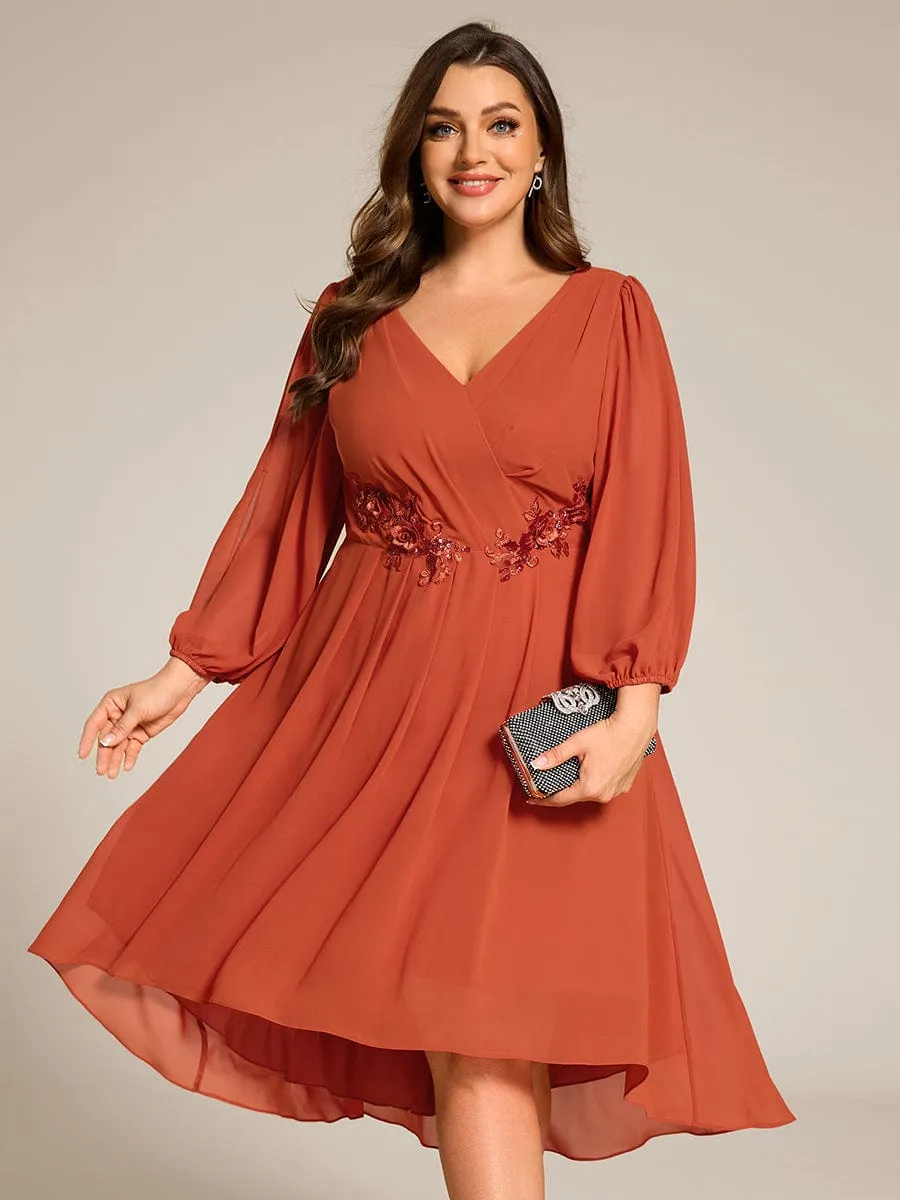 Plus Size Flowy Long Sleeves V-Neck Waist Applique Midi Chiffon Wedding Guest Dress