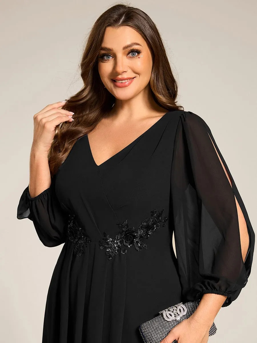 Plus Size Flowy Long Sleeves V-Neck Waist Applique Midi Chiffon Wedding Guest Dress