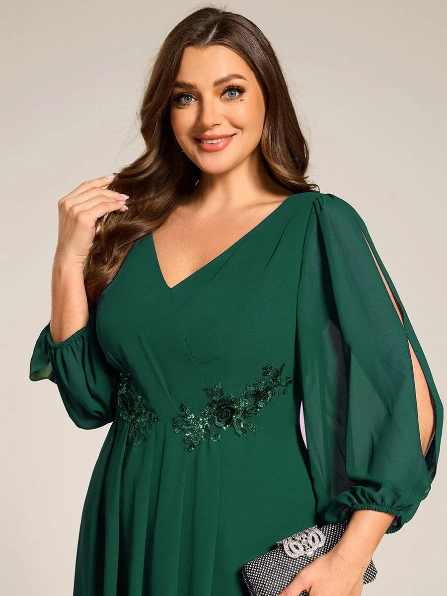 Plus Size Flowy Long Sleeves V-Neck Waist Applique Midi Chiffon Wedding Guest Dress