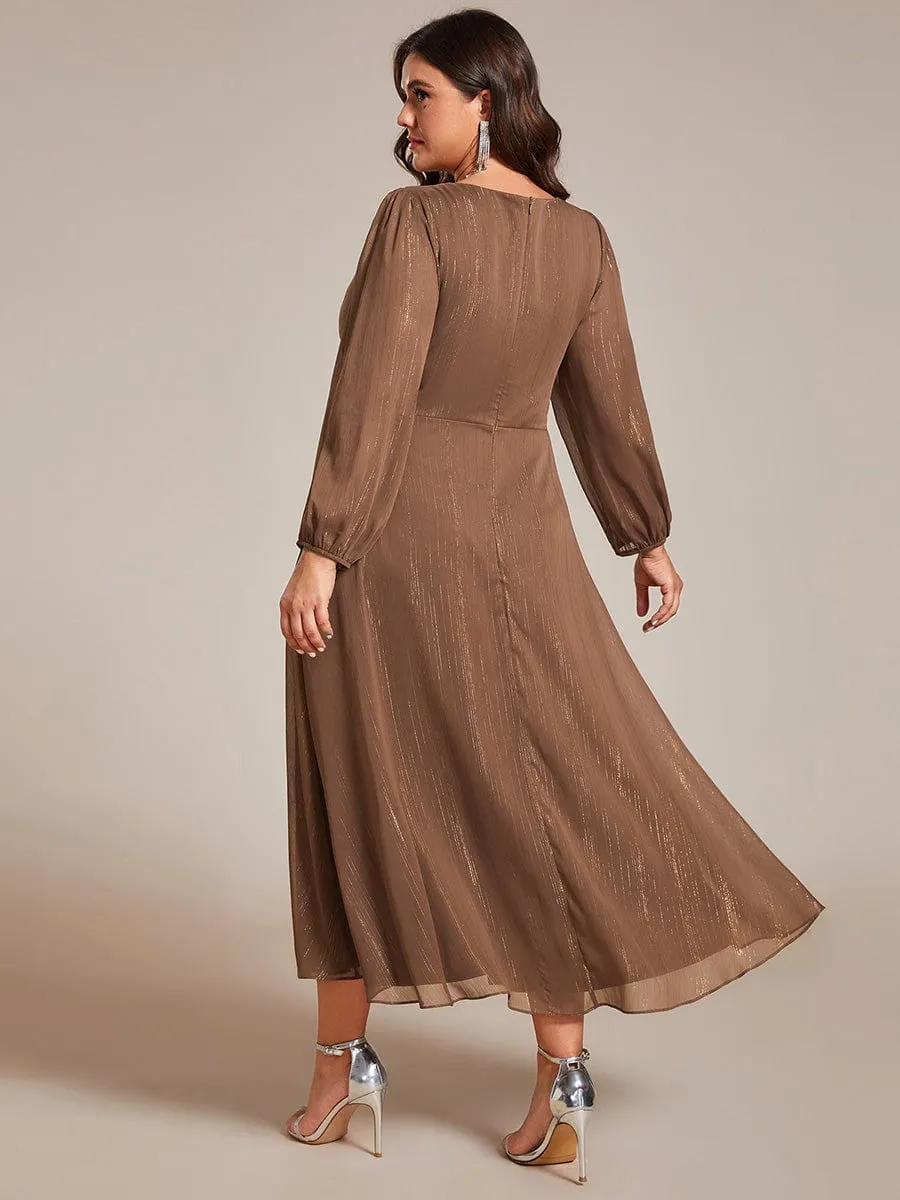 Plus Size Twist Knot Louts Leaf Long Sleeve A-Line Evening Dress