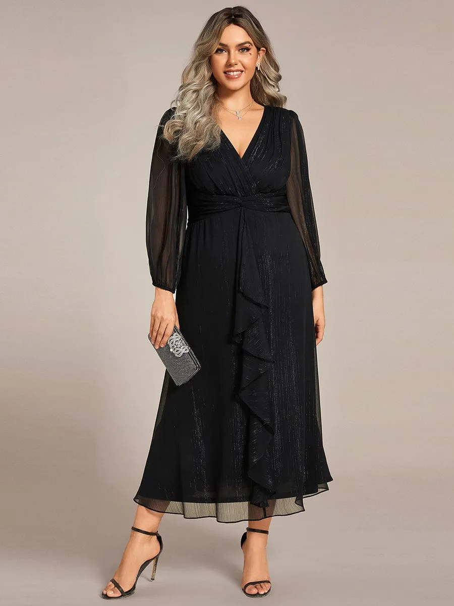 Plus Size Twist Knot Louts Leaf Long Sleeve A-Line Evening Dress