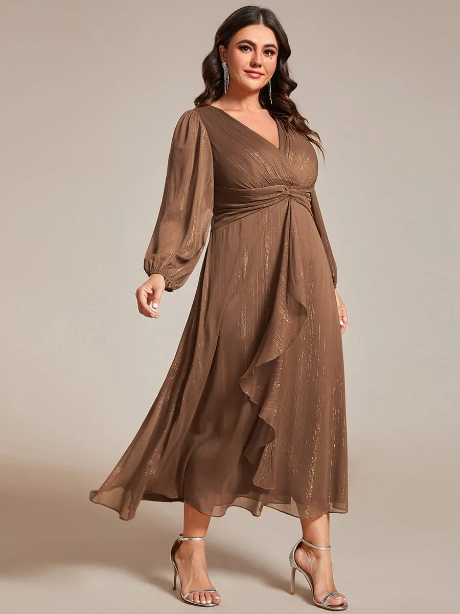 Plus Size Twist Knot Louts Leaf Long Sleeve A-Line Evening Dress