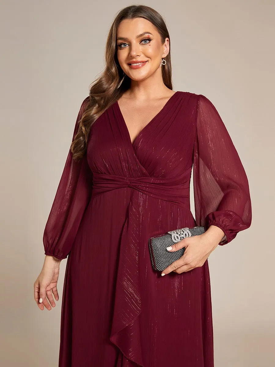 Plus Size Twist Knot Louts Leaf Long Sleeve A-Line Evening Dress