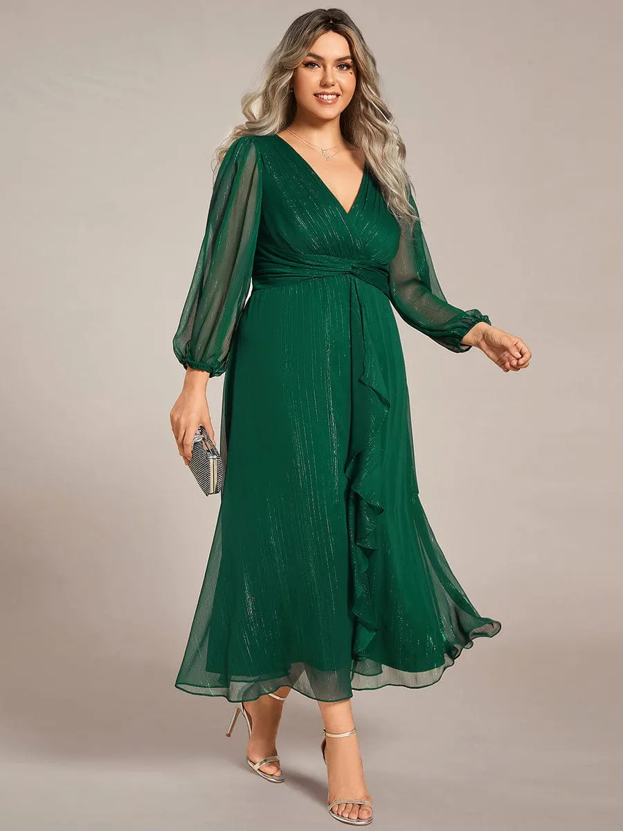 Plus Size Twist Knot Louts Leaf Long Sleeve A-Line Evening Dress